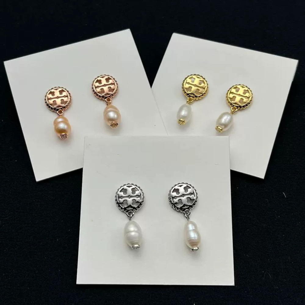 Tory Burch Round Hollow Double Stud Natural Freshwater Pearl Drop Earrings